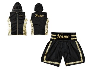 Boxing Set - Custom Boxing Hoodies and Boxing Shorts : KNCUSET-007-Black and Silver